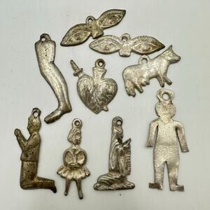 Bundle lot 9 vintage silver tone Alpaca handmade figural charms pendants